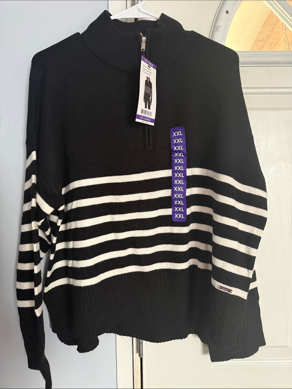 Dkny Black and White Striped Zip Mock-Neck Sweater